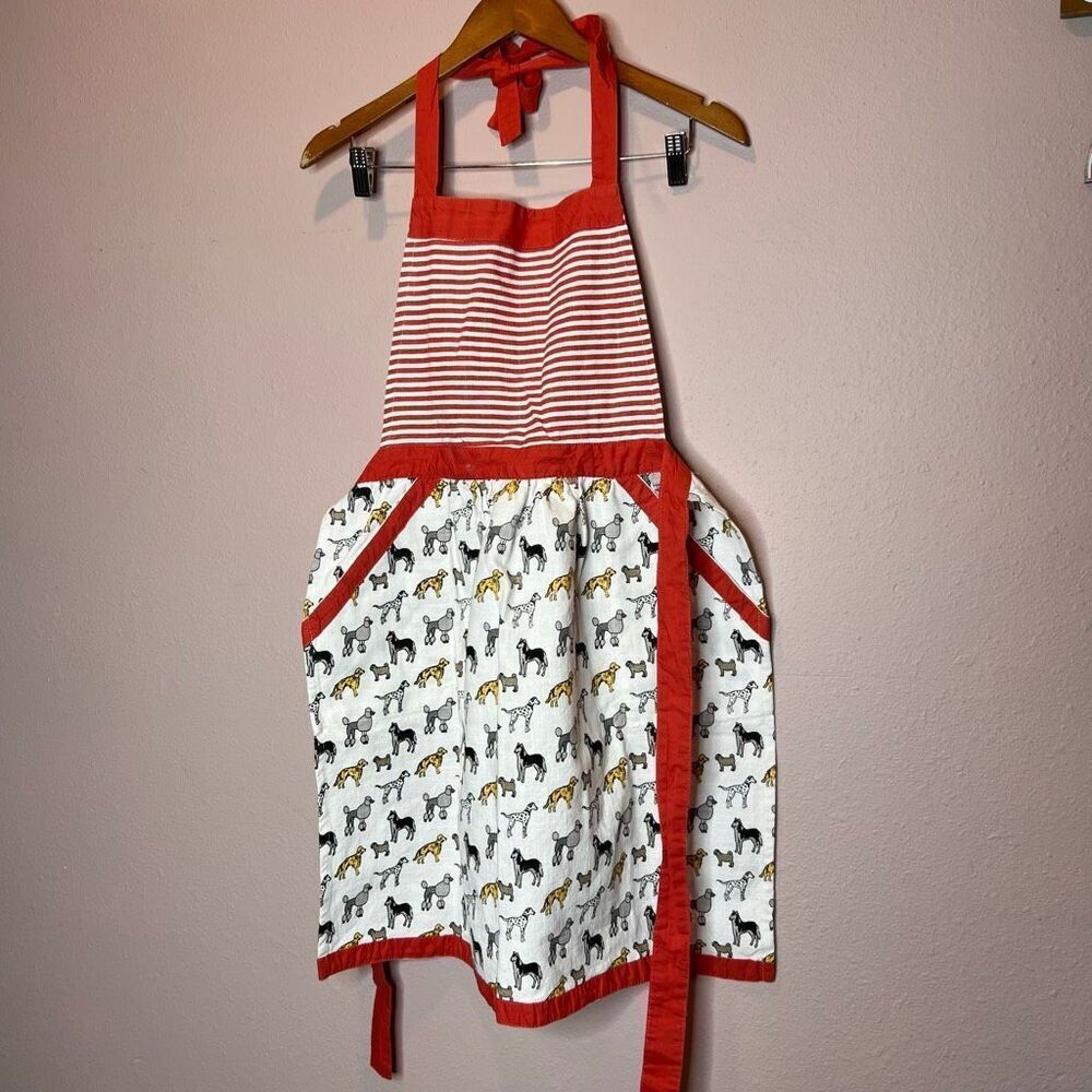Red White Striped Apron Bib Dog Neck Waist Tie Vintage 100% Cotton Poodle Husky